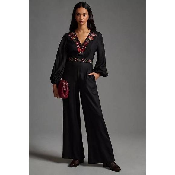 FARM Rio Pants - Farm Rio Embroidered Wide‎ Leg Floral Jumpsuit Small Black Floral Anthropologie
